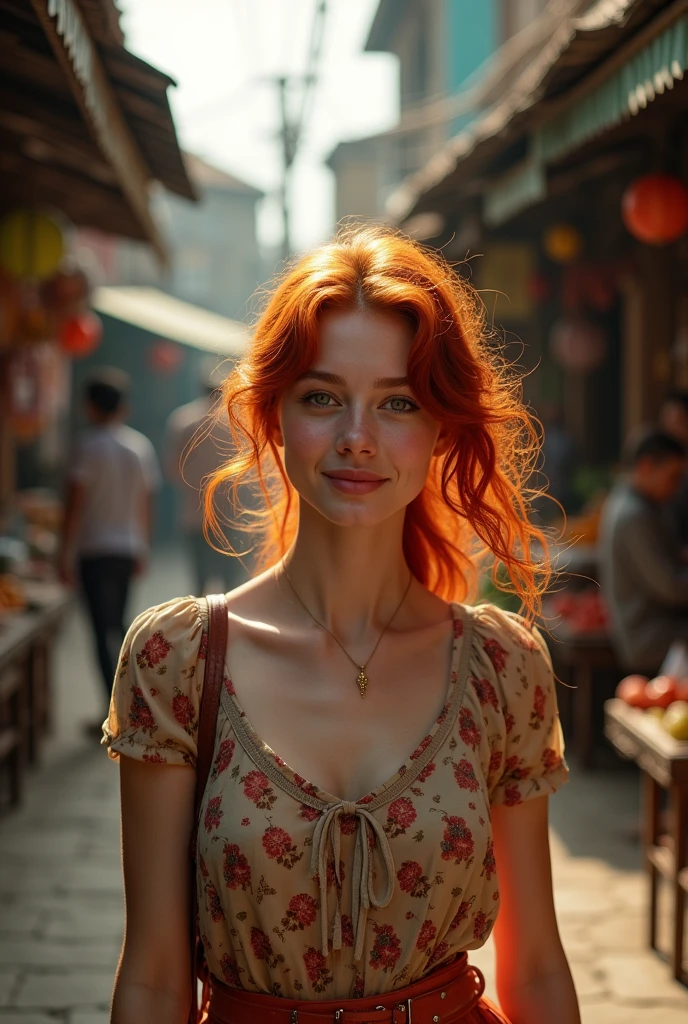 Photorealistic photo of a young redhead woman strolling through an old market in Thailand, A kind smile, art：midjorney, Luminism, The ultimate in complex shadow and light contrast, An award-winning IPA, Artistic Lens, Warm colors, art：Tim Burton