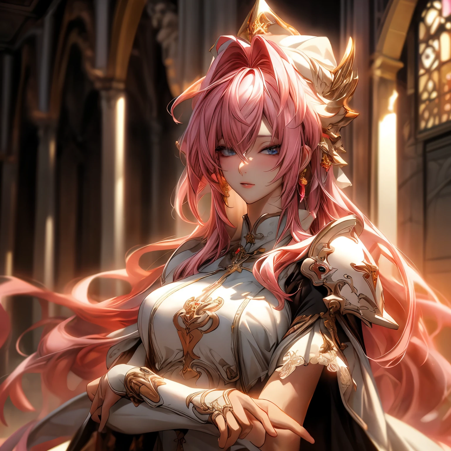 (best quality)), ((Masterpiece)), (details:1.4), 3d, HDR (high dynamic range), an image of a beautiful cyberpunk female, fantasy, Pink hair, long hair, Golden eyes, จมูกโด่ง, ปากแดง, หน้าอกใหญ่, nvidia RTX, PBR surface, After processing, Anisotropic filtration,depth of field, Maximum clarity and clarity, multi-layered surface, Subsurface scattering, perfect proportions, 8K raw files, ultra detailed, Perfect proportions, volumetric lighting, soft lighting, Holy Paladin, Heavy Black Armor, glossy skin, intricate silver embroidery, gorgeous, chapel background, jewely, ต่างหู, นิ้วมือสมบูรณ์,