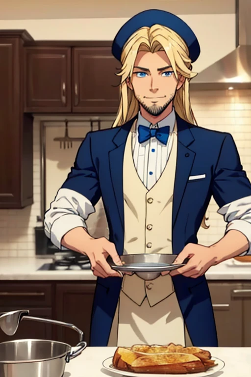 Perfect face. Perfect hands. A muscular blonde haired man with blue eyes and long hair and a dark beard in a butler's uniform is smiling while cooking in a fancy kitchen