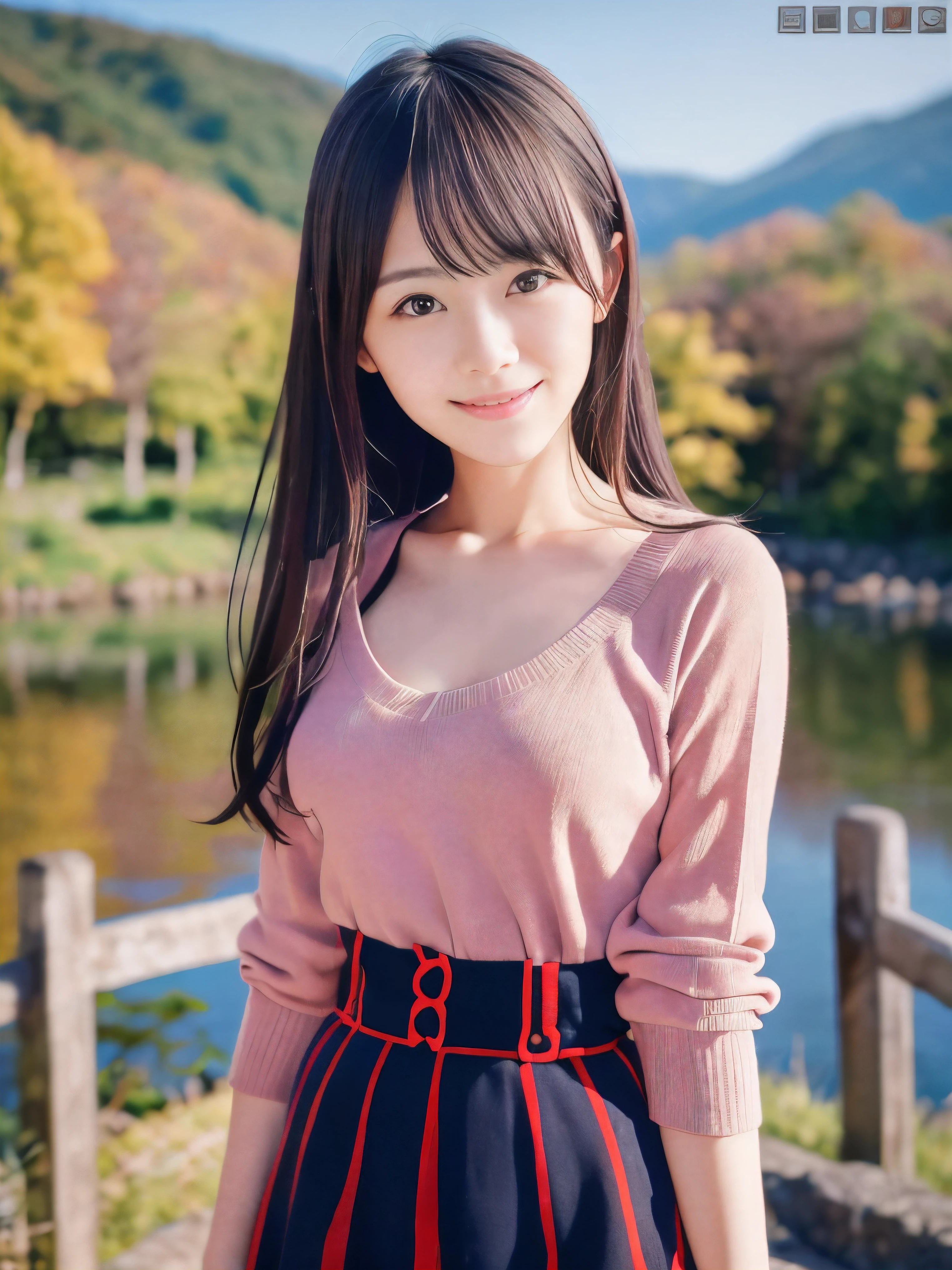 (Close up face shot of one slender small breasts dark silver long hair with swept bangs girl in a long sleeves shirt and sweater and skirt:1.5)、(One girl is leaning forward with happy smile on the dart road near the lake and big waterfall in Japan:1.5)、(Beautiful autumn red leaves and mountain view:1.5)、(Natural light:1.5)、(8k ultra detailed master piece:1.5)、(perfect anatomy:1.5)、(Photorealistic stick:1.5)、(Raw photo:1.3)、(highest quality:1.5)、(High resolution:1.3)、(Delicate and beautiful perfect face:1.3)、(Delicate and beautiful eye air skin:1.3)、(Real Human Skin:1.3)、((thin legs))