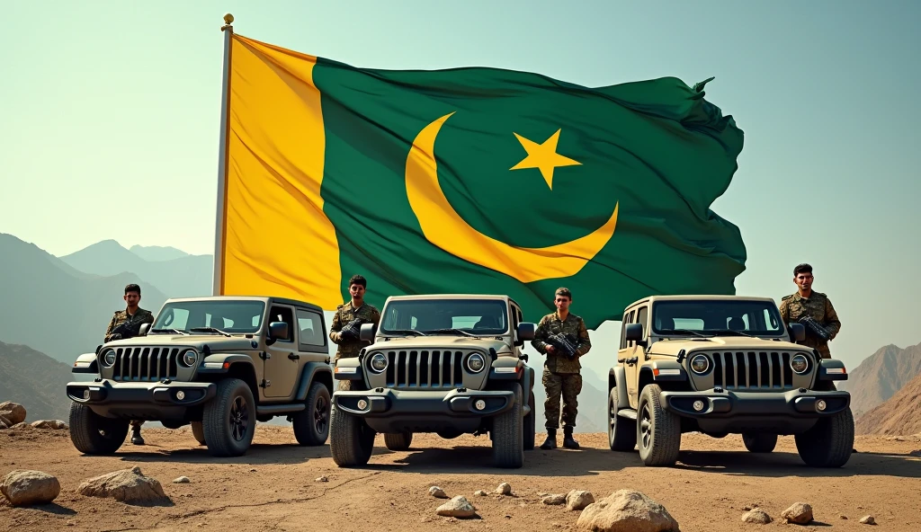 Create a photo that has flag with pakistan army,wrangers , soldiers  in it and  , flag have no image or symbol or icons , The flag should have two vertical color blocks with green on the left side and yellow on the right side 75% yellow left side , 25% green right side color used on flag , 4k ultra hd qulaity 