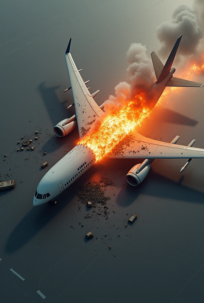 Create a image Half cut plane in 3 point perspective in top view take off the back part and big plane well just like the plane was destroyed and it was on fire