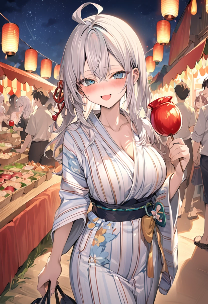 alisa mikhailovna kujou,tokidoki bosotto roshia-go de dereru tonari no arya-san, masterpiece, high-quality illustration, 16k resolution, beautiful, delicate details, Japanese anime style, Alya Kujou, Alisa Mikhailovna Kujo, enjoying festival, eating candy apple, happy expression, crowded festival, joyful people, vibrant atmosphere, food stalls, paper lanterns, night sky, starry sky, clear weather, large breasts, slim waist, fair and beautiful skin,  figure, fine hair texture, beautiful, summer festival yukata, no accessories, charming smile, cute face, mesmerizing eyes, detailed face, elegant expression