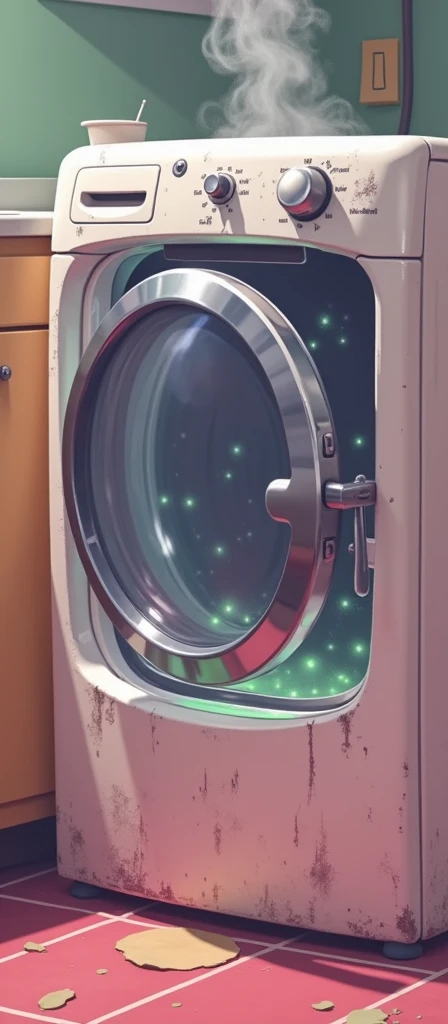 washing machine door with a bad smell with green from the inside, in the style of an animated film with image promt on the whashingmachine