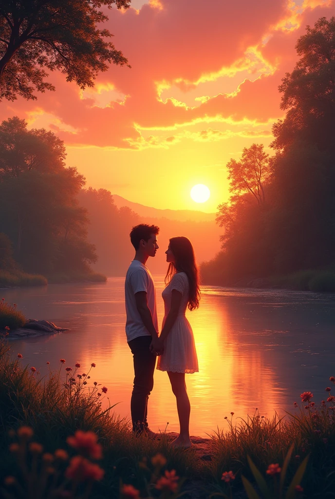 A couple together set close to a river see together a view like a sunrise 
