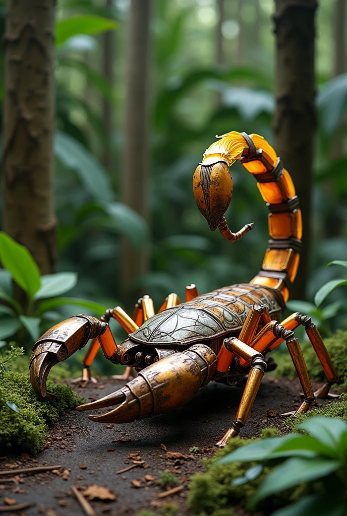 I want a yellow Brazilian Scorpion made from metal parts with feathers (with two tails and a stinger) in the jungle