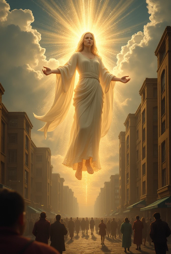 "The Transfiguration" in a contemporary environment: A Renaissance divine figure transfiguring itself amidst a modern, everyday environment, with a heavenly glow, symbolizing divine presence and revelation in people's daily lives. The image must be in the style of Renaissance paintings.