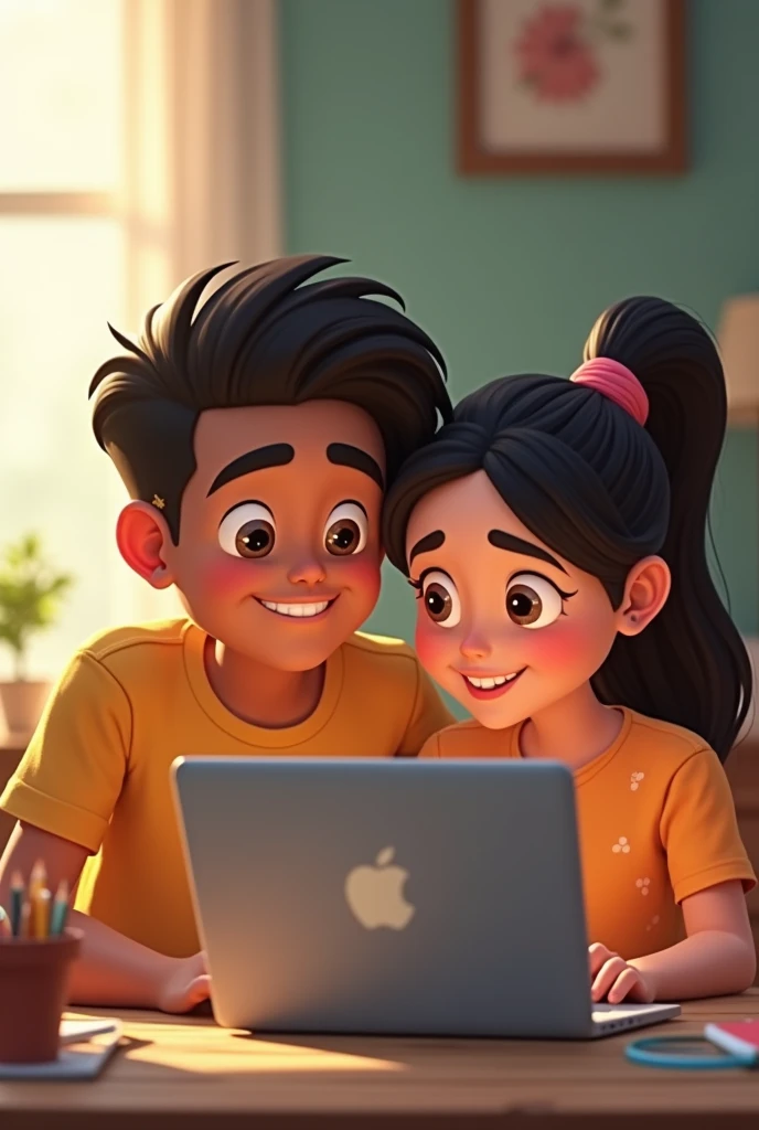 Create animation character 30 year old. Boy and his sister useing laptop. His name Tanvir and her name Lamisa.