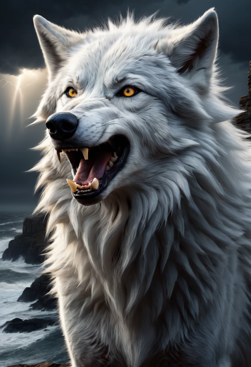 A majestic white wolf, howling on a cliff top during a stormy night, (dramatic,cinematic:1.2),(moody,atmospheric:1.1),dark cloudy sky,crashing waves,moody lighting,dramatic shadows,highly detailed,photorealistic,intricate details,(ultra-realistic,hyper-detailed:1.4),stunning landscape,rugged cliffs,powerful storm,intense wind,heavy rain,realistic fur textures,piercing yellow eyes,sharp fangs,intense expression