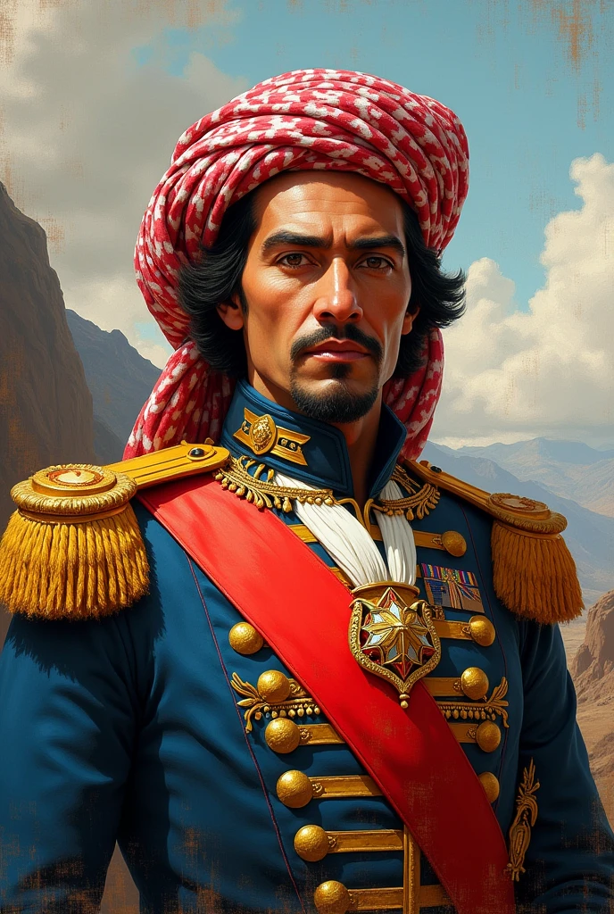 Photo of Simon Bolivar liberator of Venezuela painting style, wearing a Palestinian kufiya on his head