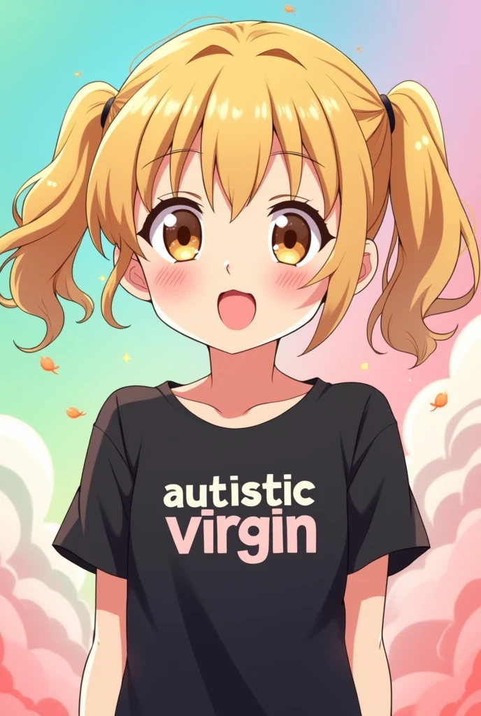 kawaii blonde anime girl with a black shirt that says autistic virgin 