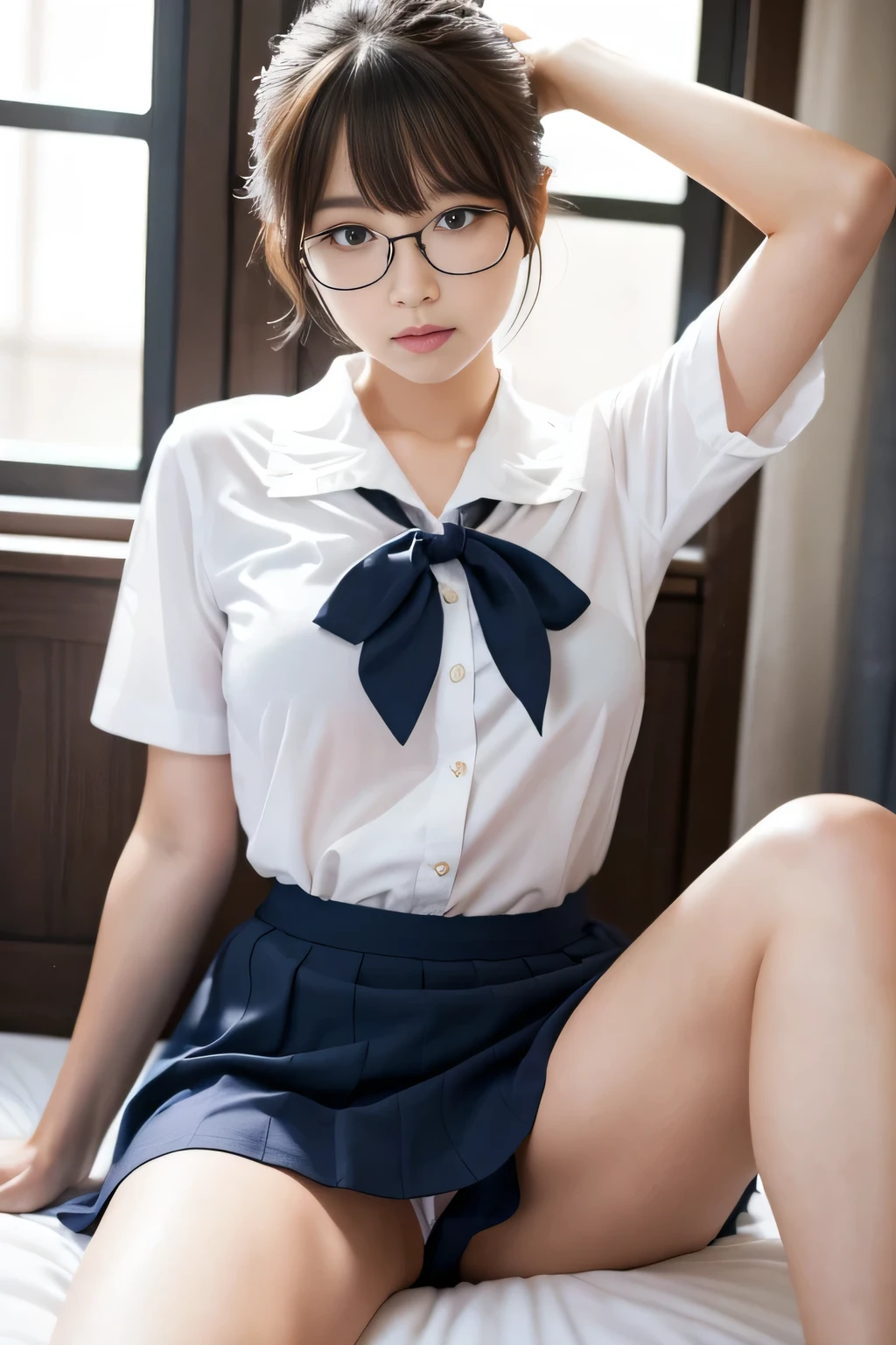 Sitting with legs crossed,One Naked Girl,Very bright backlight,alone,{Beautifully detailed},(Photo lying in bed),Very beautiful big(Huge breasts:1.5)And a slim waist((Press the chest)),Big Breasts,Calm expression,Natural soft light,,Delicate features,Blunt bangs,Beautiful Japanese Girl,1,((Seductive pose))、Attractive appearance,(bionde),Light particles,Real Hands,masterpiece,Highest quality,Real,Very detailed,In detail,High resolution,Beautiful Hair,Perfect dynamic composition,Beautiful and beautiful eyes,Japanese Idols,((Embarrassing))、Sharp focus,A mix of beauty,(Sailor suit:1.3),Movie,Exhibitionism,show off,(Short Hair:1.5),(Curly Hair),(Embarrassing),(Glasses),Intellectual atmosphere,student,shirt,skirt,tie,Button Open、Gloss、sexly、Shyness、Lying down、Lying down、(Tie your hair up)、(Health Room)(ponytail)