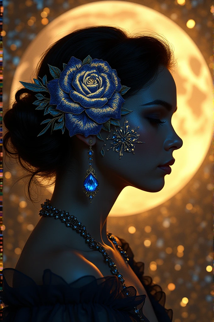 Silhouette of a woman putting on makeup that combines roses and sapphires and is located on a gold or sea background that reflects the Moon