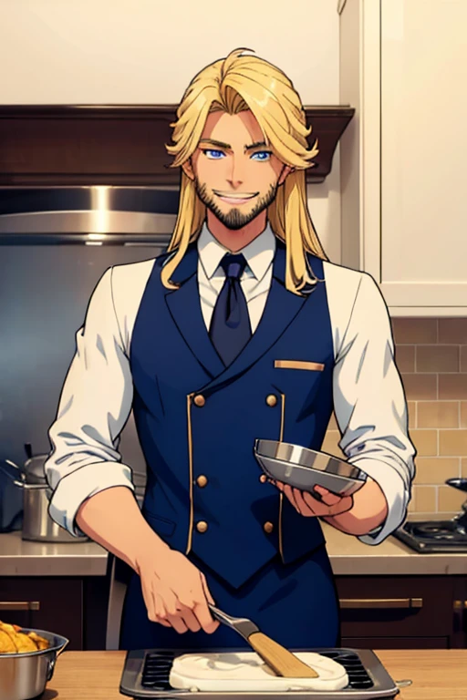 Perfect face. Perfect hands. A muscular blonde haired man with blue eyes and long hair and a dark beard in a butler's uniform is smiling while cooking in a fancy kitchen
