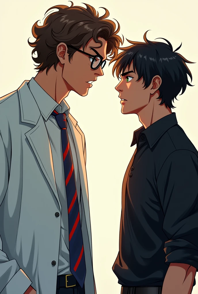 draw two guys 20 years college students on side view looking at each other, in the left the guy is taller has eye glasses and has brown wavy curly hair, he wears lab gown over white long sleeves and blue and red stripes tie, has green eyes looking at the other guy angrily, the other guy beside him wears black clothes has wavy black hair and looks as if he's trying to provoke the other guy.