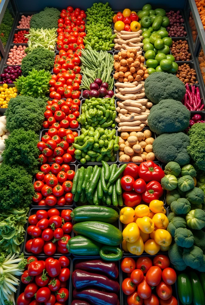 A display of vegetables inside a supermarket observed from above by a drone