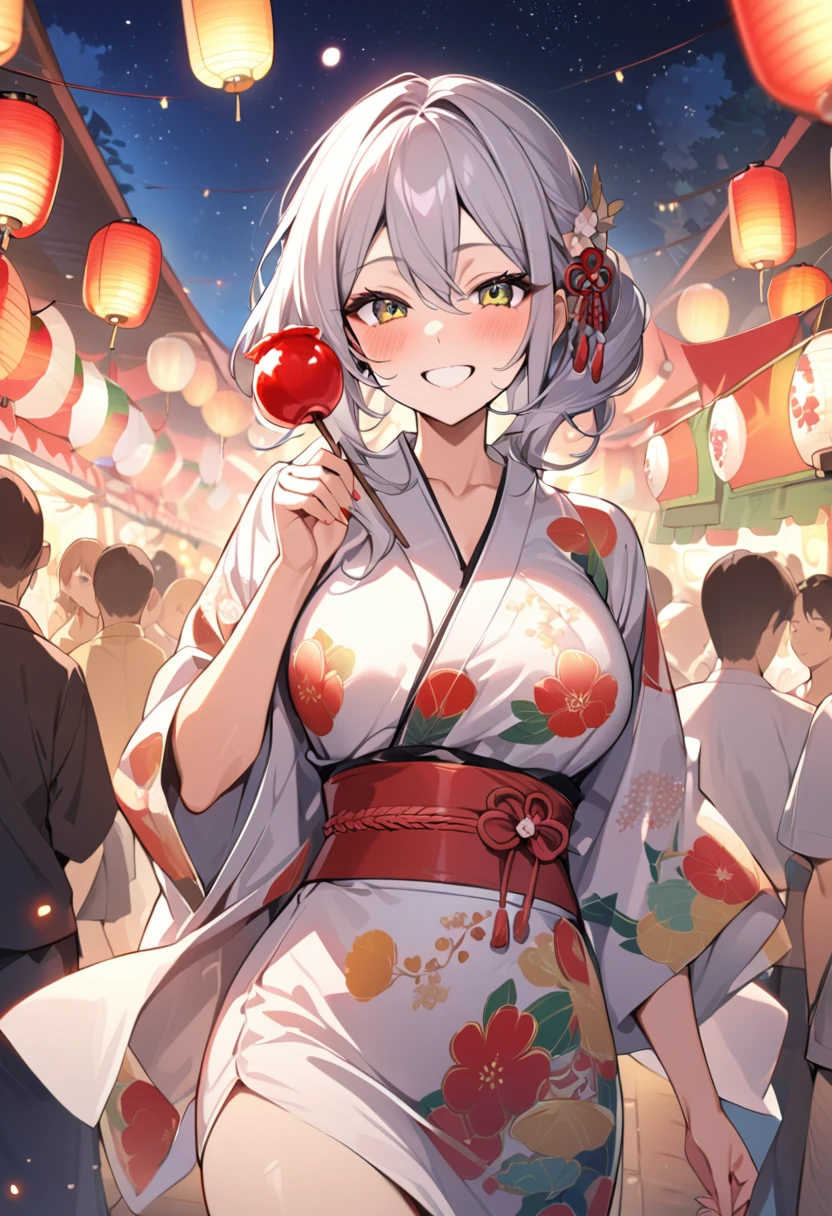 masterpiece, high-quality illustration, 16k resolution, beautiful, delicate details, Japanese anime style, Alya Kujou, Alisa Mikhailovna Kujo, enjoying festival, eating candy apple, happy expression, crowded festival, joyful people, vibrant atmosphere, food stalls, paper lanterns, night sky, starry sky, clear weather, large breasts, slim waist, fair and beautiful skin, figure, fine hair texture, beautiful, summer festival yukata, no accessories, charming smile, cute face, mesmerizing eyes, detailed face, elegant expression