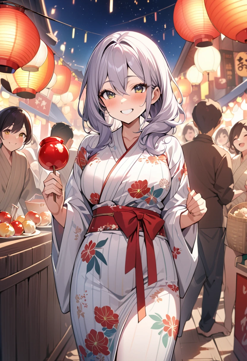 masterpiece, high-quality illustration, 16k resolution, beautiful, delicate details, Japanese anime style, Alya Kujou, Alisa Mikhailovna Kujo, enjoying festival, eating candy apple, happy expression, crowded festival, joyful people, vibrant atmosphere, food stalls, paper lanterns, night sky, starry sky, clear weather, large breasts, slim waist, fair and beautiful skin, figure, fine hair texture, beautiful, summer festival yukata, no accessories, charming smile, cute face, mesmerizing eyes, detailed face, elegant expression
