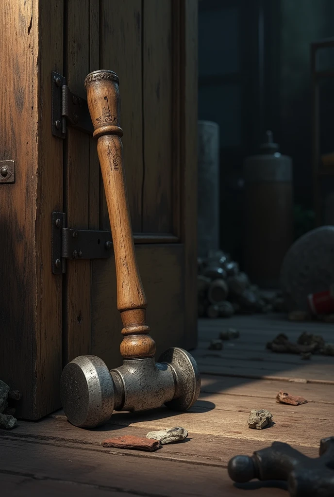The hammer is wedged under a door, preventing it from closing.