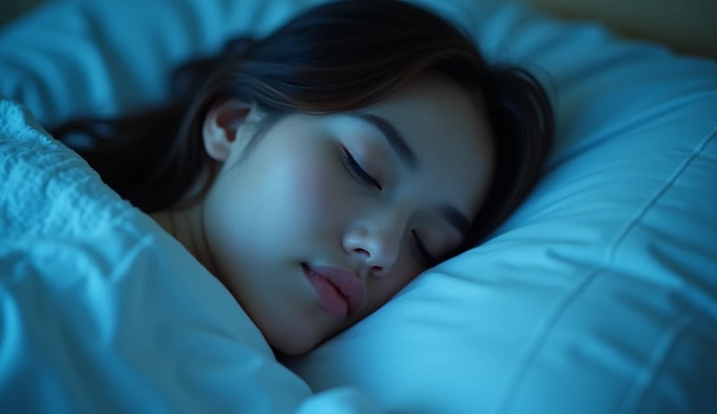 a closeup photo of a woman lying in her bed to sleep. blue coloring