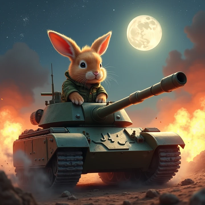 Holland Lop rabbit with drooping ears Light broken orange、Ride in a firing tank、Wearing camouflage clothing、A fierce battlefield、Full moon in the sky、Milky Way and starry sky、On the tank body「JTt」it is written like this、There are explosions all around.