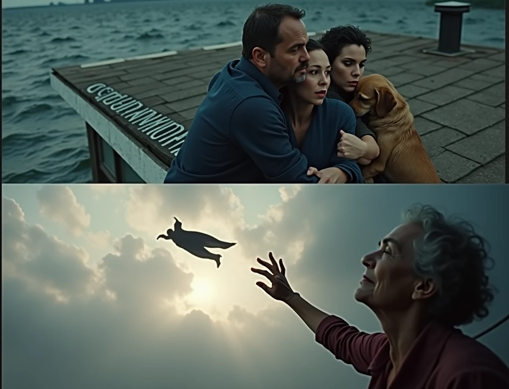 Imagine an image that contains two superimposed scenes, seemingly taken from a movie.
Upper Scene:
It shows three people on top of a roof during a flood.
On the left, a man is sitting and holding a dog in his lap. He is wearing a dark long-sleeved shirt.
On the right, there is an elderly woman wrapped in a blue blanket, who appears emotional and is looking up at the sky with an expression of hope or relief.
The water around them is murky and flowing, indicating a flood or natural disaster.
On the roof, there is a white mark that seems to be a distress message.
Lower Scene:
It focuses on the same elderly woman from the upper scene, viewed from behind as she reaches out toward the sky.
In the sky, partially covered by clouds, there is a flying figure that appears to be a superman with a flowing cape, silhouetted against the sunlight.
The woman’s posture and the direction of her gaze suggest she is seeking help or watching the flying hero.