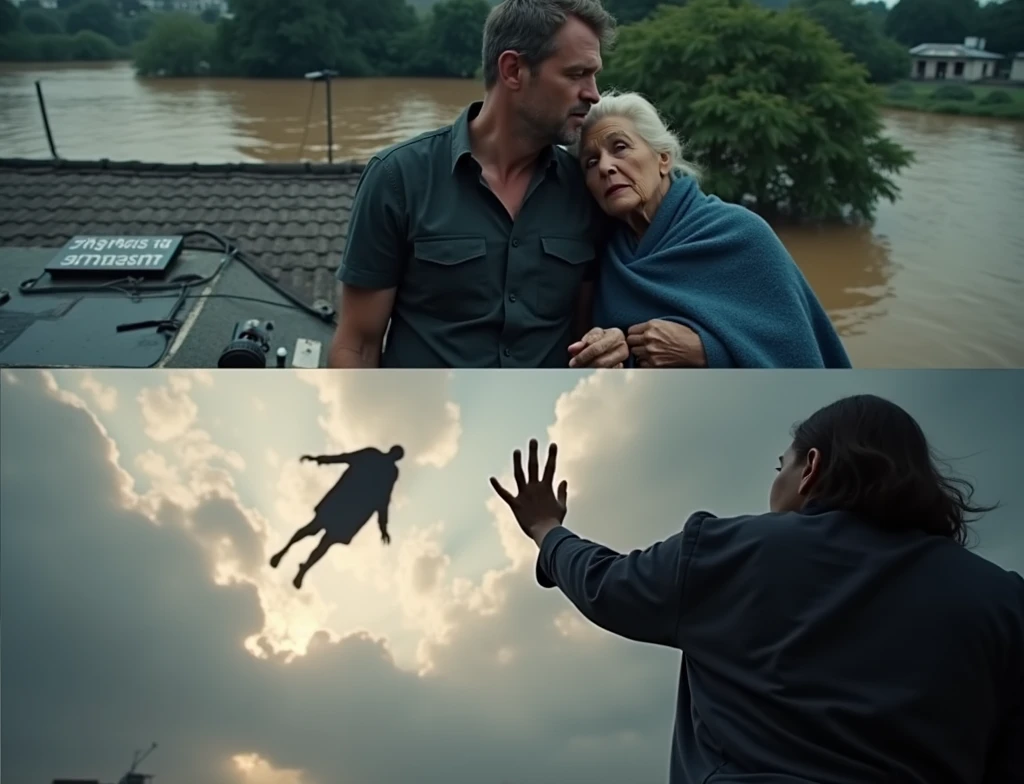 Imagine an image that contains two superimposed scenes, seemingly taken from a movie.
Upper Scene:
It shows three people on top of a roof during a flood.
On the left, a man is sitting and holding a dog in his lap. He is wearing a dark long-sleeved shirt.
On the right, there is an elderly woman wrapped in a blue blanket, who appears emotional and is looking up at the sky with an expression of hope or relief.
The water around them is murky and flowing, indicating a flood or natural disaster.
On the roof, there is a white mark that seems to be a distress message.
Lower Scene:
It focuses on the same elderly woman from the upper scene, viewed from behind as she reaches out toward the sky.
In the sky, partially covered by clouds, there is a flying figure that appears to be a superman with a flowing cape, silhouetted against the sunlight.
The woman’s posture and the direction of her gaze suggest she is seeking help or watching the flying hero.
