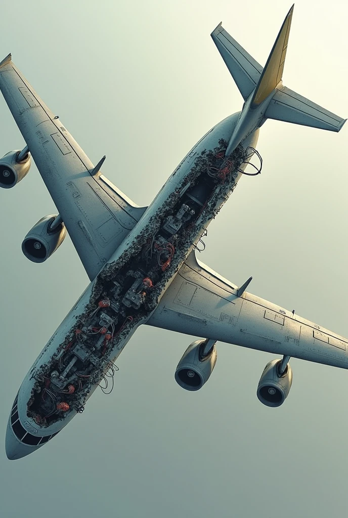 Create a image Half cut plane in 3 point perspective in top view take off the back part and big plane well just like the plane was destroyed
