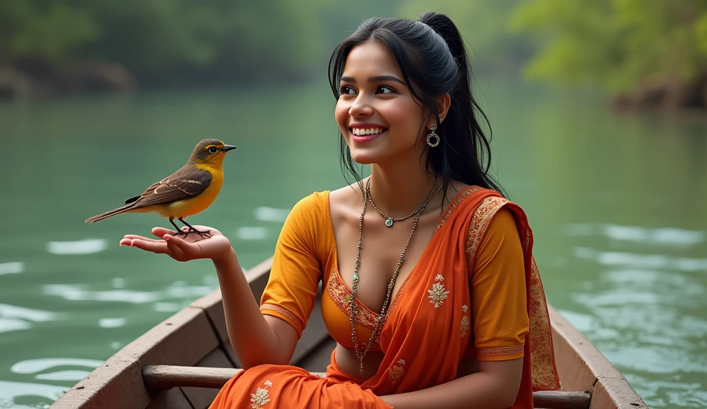 medium close-up, cleavage, Joyuri, jo yuri, Yuri, ((Best quality, 8k, Masterpiece :1.3)), 1 Bengali girl, wearing a bbeautiful sarri with mathching blouse,background is river andd women sit on the little boat, Pretty woman with 1 beautiful bird on her hand, (Dark hair, Ponytail, Huge breasts :1.2), Wet body:1.2, Pool, Ultra-detailed face, Detailed eyes, Double eyelid