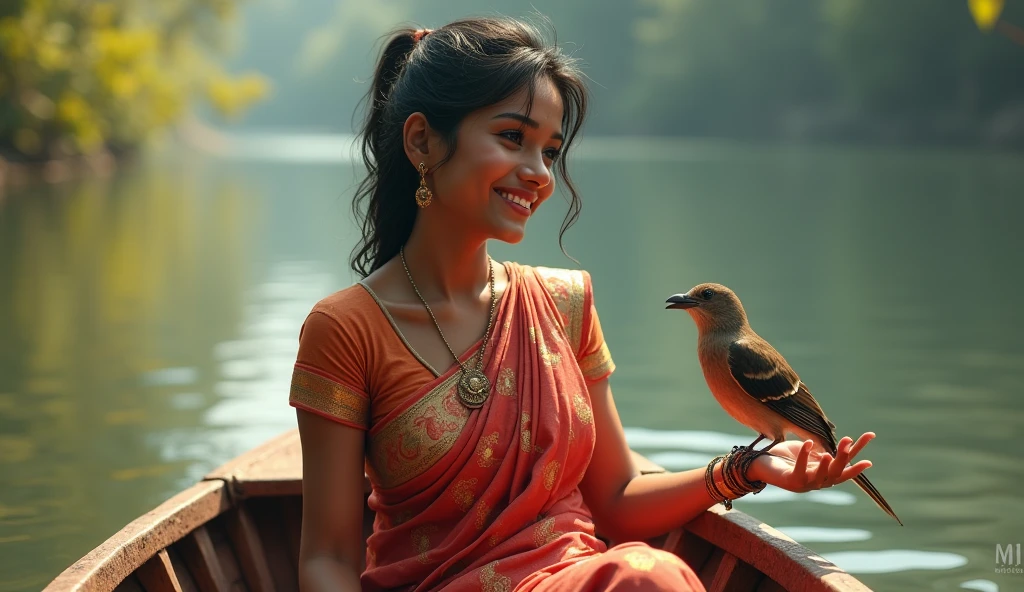 medium close-up, cleavage, Joyuri, jo yuri, Yuri, ((Best quality, 8k, Masterpiece :1.3)), 1 Bengali girl, wearing a bbeautiful sarri with mathching blouse,background is river andd women sit on the little boat, Pretty woman with 1 beautiful bird on her hand, (Dark hair, Ponytail, Huge breasts :1.2), Wet body:1.2, Pool, Ultra-detailed face, Detailed eyes, Double eyelid