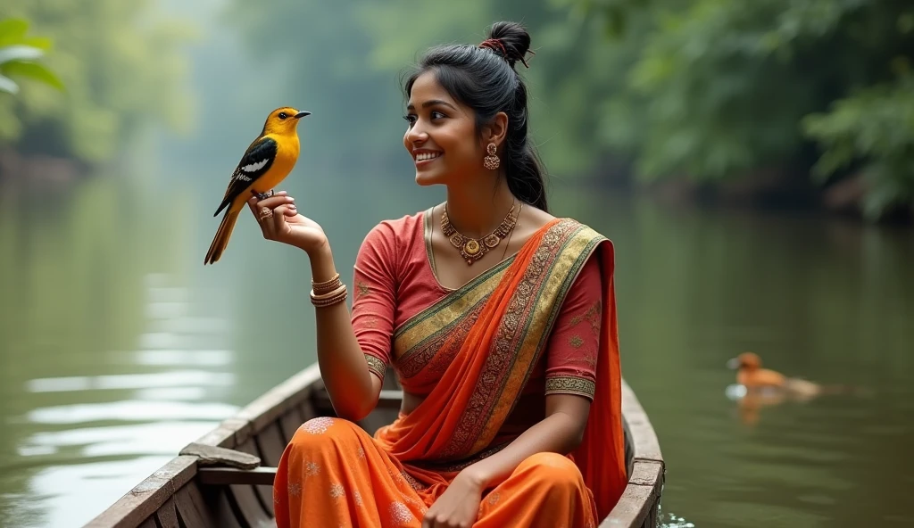 medium close-up, cleavage, Joyuri, jo yuri, Yuri, ((Best quality, 8k, Masterpiece :1.3)), 1 Bengali girl, wearing a bbeautiful sarri with mathching blouse,background is river andd women sit on the little boat, Pretty woman with 1 beautiful bird on her hand, (Dark  hair, Ponytail, Huge breasts :1.2), Wet body:1.2, Pool, Ultra-detailed face, Detailed eyes, Double eyelid