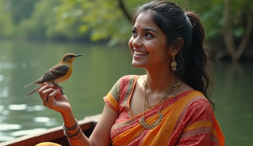 medium close-up, cleavage, Joyuri, jo yuri, Yuri, ((Best quality, 8k, Masterpiece :1.3)), 1 Bengali girl, wearing a bbeautiful sarri with mathching blouse,background is river andd women sit on the little boat, Pretty woman with 1 beautiful bird on her hand, (Dark  hair, Ponytail, Huge breasts :1.2), Wet body:1.2, Pool, Ultra-detailed face, Detailed eyes, Double eyelid