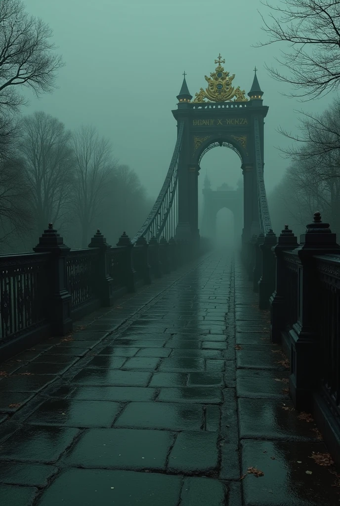 black, a gloomy bridge decorated with gold, the situation around the bridge is gloomy, a green river flows under the bridge, view from the road on the bridge,