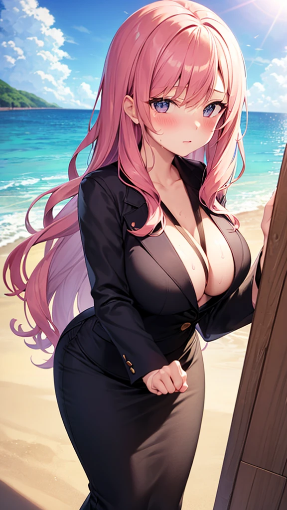 masterpiece, best quality, high detail, beautiful woman, solo focus, long wavy hair, pink hair, large bust, (black blazer), (black midi pencil skirt), long skirt, wide hips, looking at viewer, full-face blush, wide-eyed, beach, summer, cloudy sky, sun, sweaty, ocean waves,