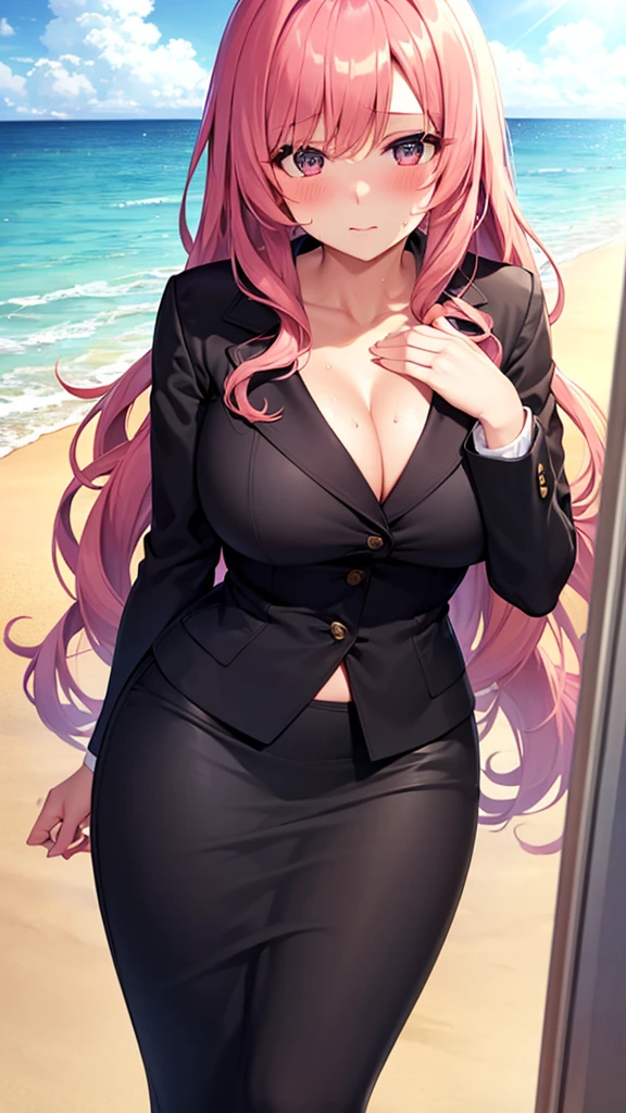 masterpiece, best quality, high detail, beautiful woman, solo focus, long wavy hair, pink hair, large bust, (black blazer), (black midi pencil skirt), long skirt, wide hips, looking at viewer, full-face blush, wide-eyed, beach, summer, cloudy sky, sun, sweaty, ocean waves,