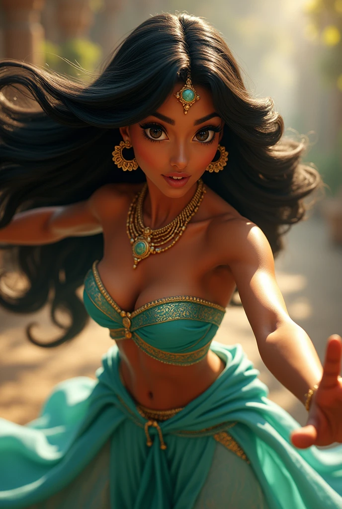 Stunning Princess Jasmine, photo in 8k, in action, cinematic.