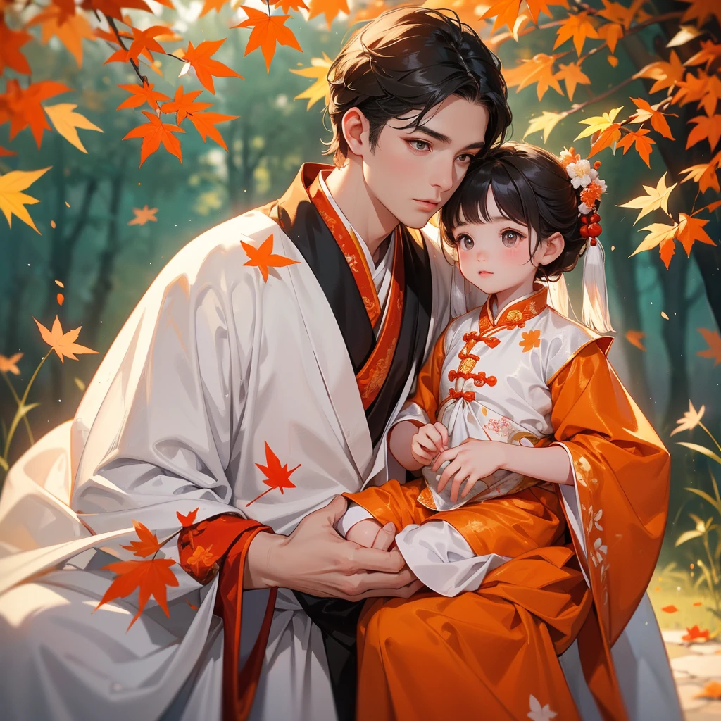 A one-year-old baby boy in white ancient Chinese baby costume with his beautiful mother, dressed in an ancient Chinese costume, The backdrop is a mountain that turns orange-red in spring, and maple leaves fall from the trees, playing with each other, with his handsome father standing next to his mother, close up