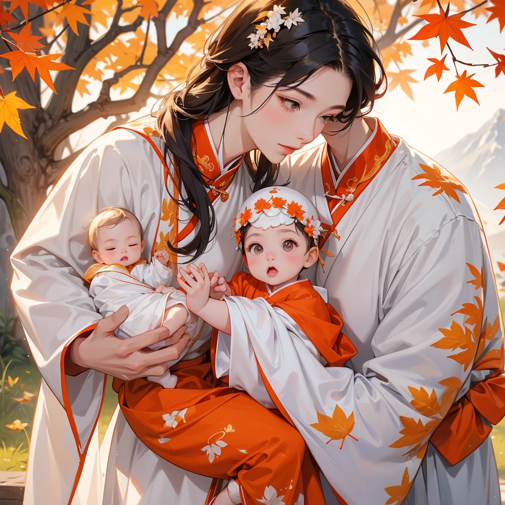 A one-year-old baby boy in white ancient Chinese baby costume with his beautiful mother, dressed in an ancient Chinese costume, The backdrop is a mountain that turns orange-red in spring, and maple leaves fall from the trees, playing with each other, with his handsome father standing next to his mother, close up