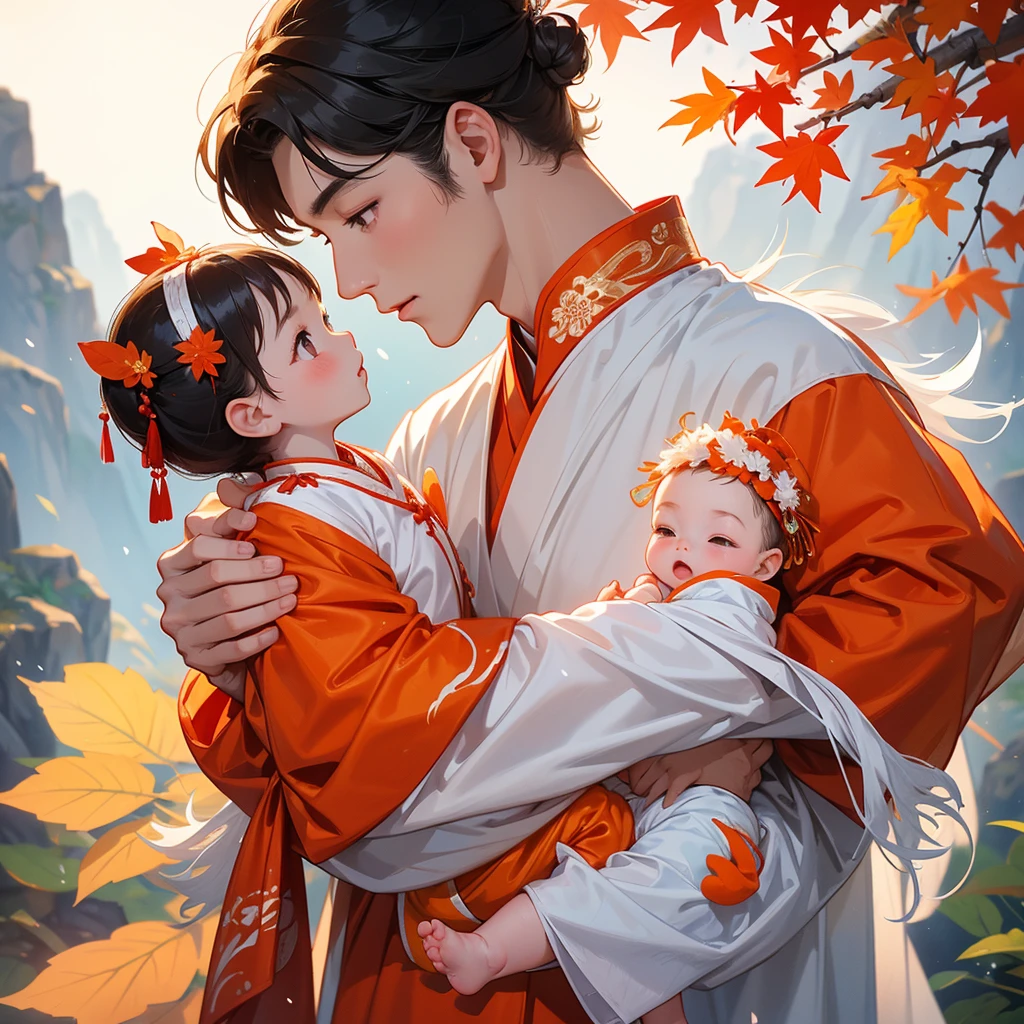 A one-year-old baby boy in white ancient Chinese baby costume with his beautiful mother, dressed in an ancient Chinese costume, The backdrop is a mountain that turns orange-red in spring, and maple leaves fall from the trees, playing with each other, with his handsome father standing next to his mother, close up