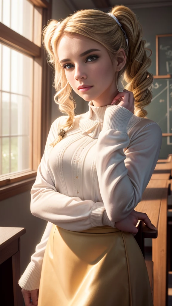 masterpiece, high quality, High resolution, 8k, volumetric lighting, subsurface dispersion, beautiful woman, (25 years), blond hair, University, uniform, long sleeve, ((neckline)), Skirt, curly pigtails, classroom, pose sexy, 3/4 shots, cowboy shot