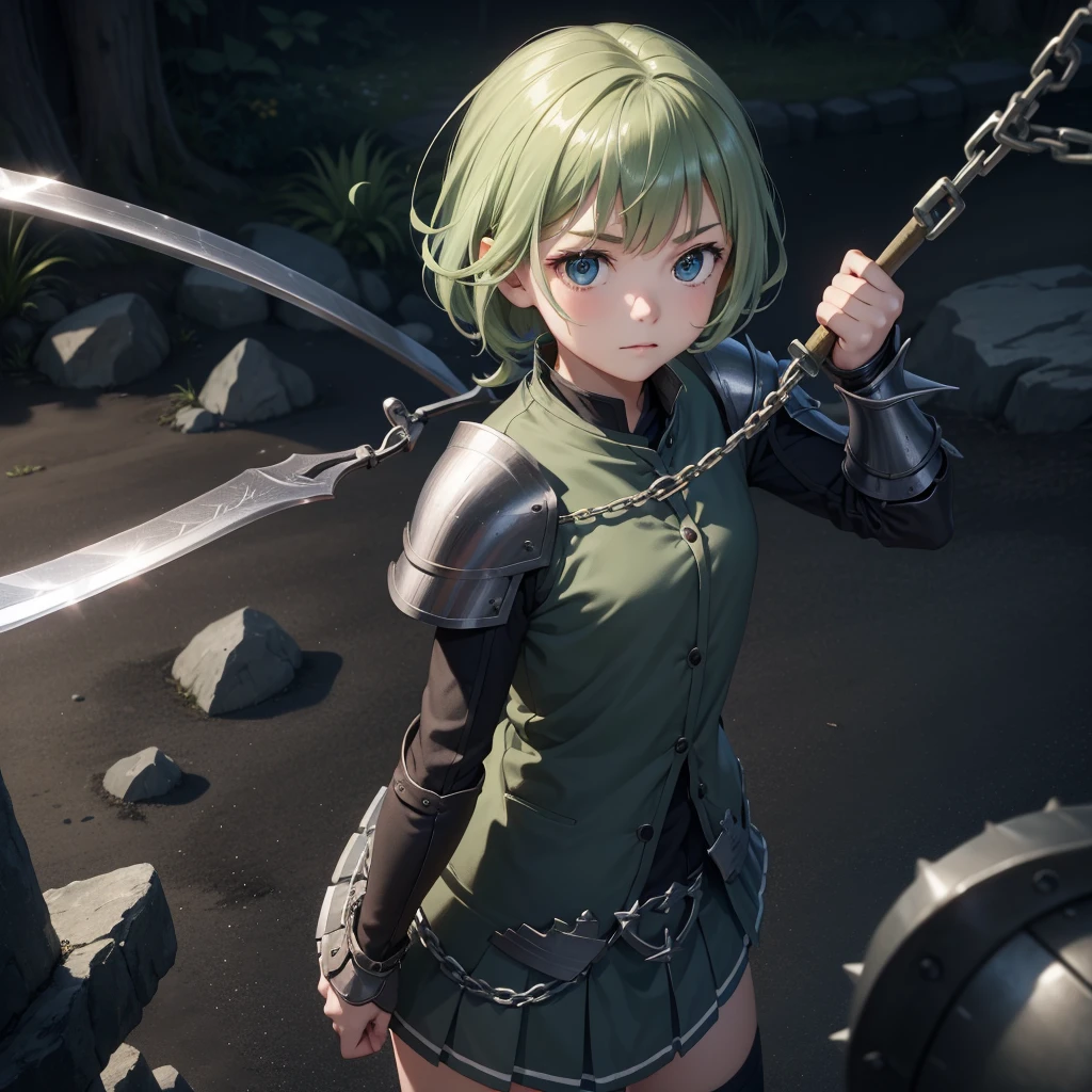 最high quality、high quality、Simple Cloth Armor、１０Year-old girl adventurer、Equipped with a weapon that has a short chain at the end of a stick and a spiked iron ball at the end of the chain、In a dark maze、Dark green armor