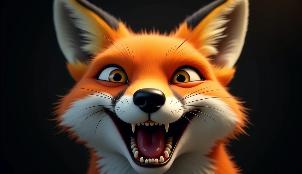There is a shadow、Real、Ultra HD、The fox is smiling with his eyes narrowed、Front view、The fox has its mouth wide open、Close-up of a fox's face