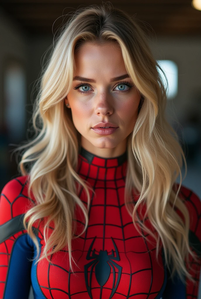 Create a realistic image of a 20 year old woman, long blonde hair, blue eyes, cheekbones, ((full body)),disguised as spiderman, background image: her garage, from head to toe , full body, hyper realistic photo