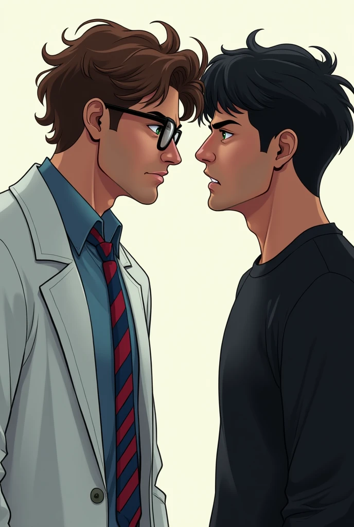 draw two guys 20 years college students on side view looking at each other, in the left the guy is taller has eye glasses and has brown wavy curly hair, he wears lab gown over white long sleeves and blue and red stripes tie, has green eyes looking at the other guy angrily, the other guy beside him wears black clothes has wavy black hair and looks as if he's trying to provoke the other guy.