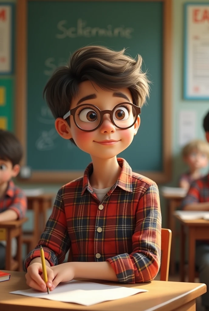 Make a boy at school with a plaid shirt and glasses