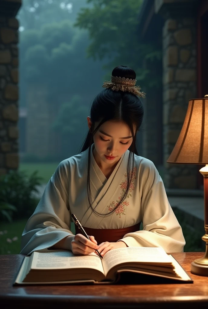 a photo:Shot with Canon EOS camera,Shoot with a wide-angle lens,Aperture f11,24mm lens shooting,A beautiful girl in traditional Chinese clothing in a quiet night,In a garden surrounded by ancient walls,Reading ancient Chinese books under the lamp on the low table。,((She holds a pen in her right hand,Left hand on the table)),((masterpiece)),Practical,4K,Extremely detailed,((Beautiful big eyes))