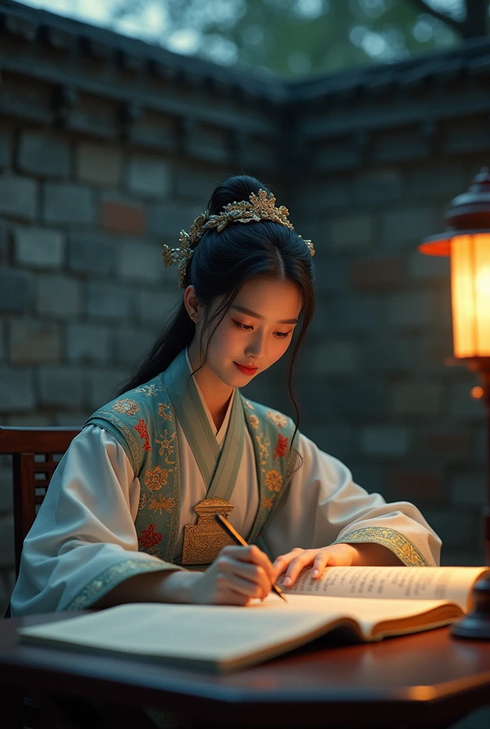 a photo:Shot with Canon EOS camera,Shoot with a wide-angle lens,Aperture f11,24mm lens shooting,A beautiful girl in traditional Chinese clothing in a quiet night,In a garden surrounded by ancient walls,Reading ancient Chinese books under the lamp on the low table。,((She holds a pen in her right hand,Left hand on the table)),((masterpiece)),Practical,4K,Extremely detailed,((Beautiful big eyes))