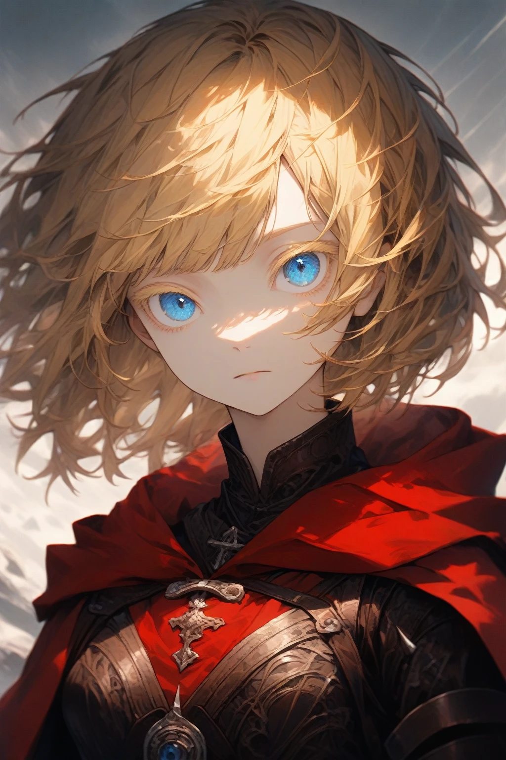 masterpiece, best quality, very aesthetic, absurdres,1girl,rating: general,(hyper detailed eyes),blonde hair,short hair,[disheveled hair],colored eyelashes,blonde eyelashes,blue eyes,(sharp eyes),(slanted eyes),choppy bangs,medium breasts,clear face,expressionless,red hooded cloak,leather armor,