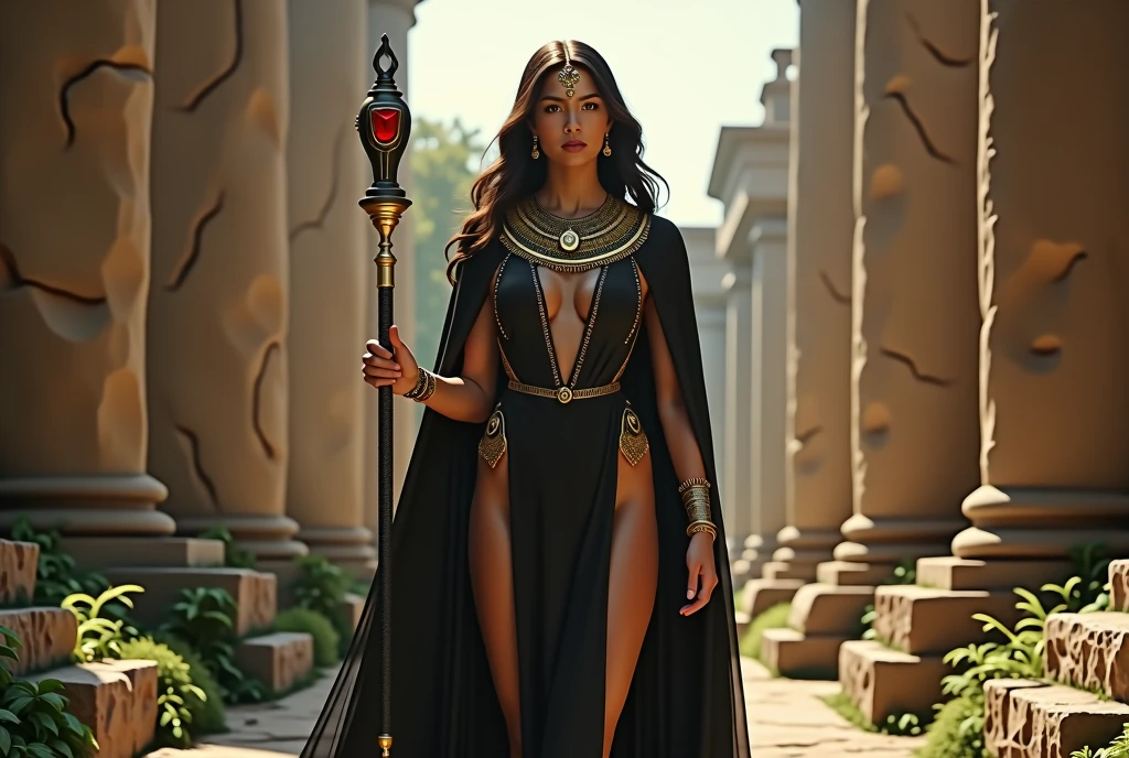 Inanna in Cinderella style, (work of art), best qualityer, (transparentes), expressive eyes, rosto perfeito Inanna dressed in black and gold, sumerian goddess style,, in dominatrix attire with an almost transparent black cape, dramatic diffused lighting. She holds a scepter with a red gemstone. she is gigantic and strong, over 2 meters tall. the background is made of a wall of gigantic stones and a garden. she is hot