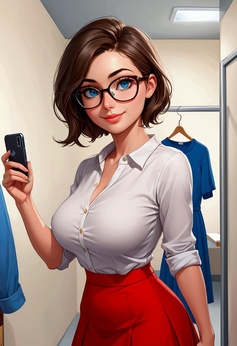 20 years old woman, Short brown hair, Mediterranean with blue eyes, Generous and heavy breasts, slender waist, estomac defini, fesses rebondies et pulpeuses, naturally curved, muscular thighs, aguicheuse, dans un magasin de vêtements , in long skirt and blouse, lunettes, queue de cheval, neckleace, earrings, plunging neckline, Selfie